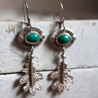 Crystal leaf, botanical earrings in sterling silver and chrysocolla