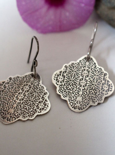 Cybele, Greek chiseled arabesque earrings in sterling silver