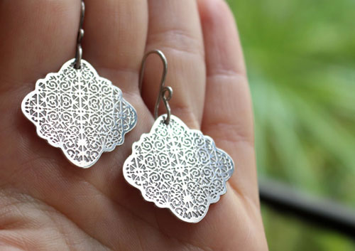 Cybele, Greek chiseled arabesque earrings in sterling silver