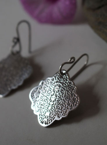 Cybele, Greek chiseled arabesque earrings in sterling silver