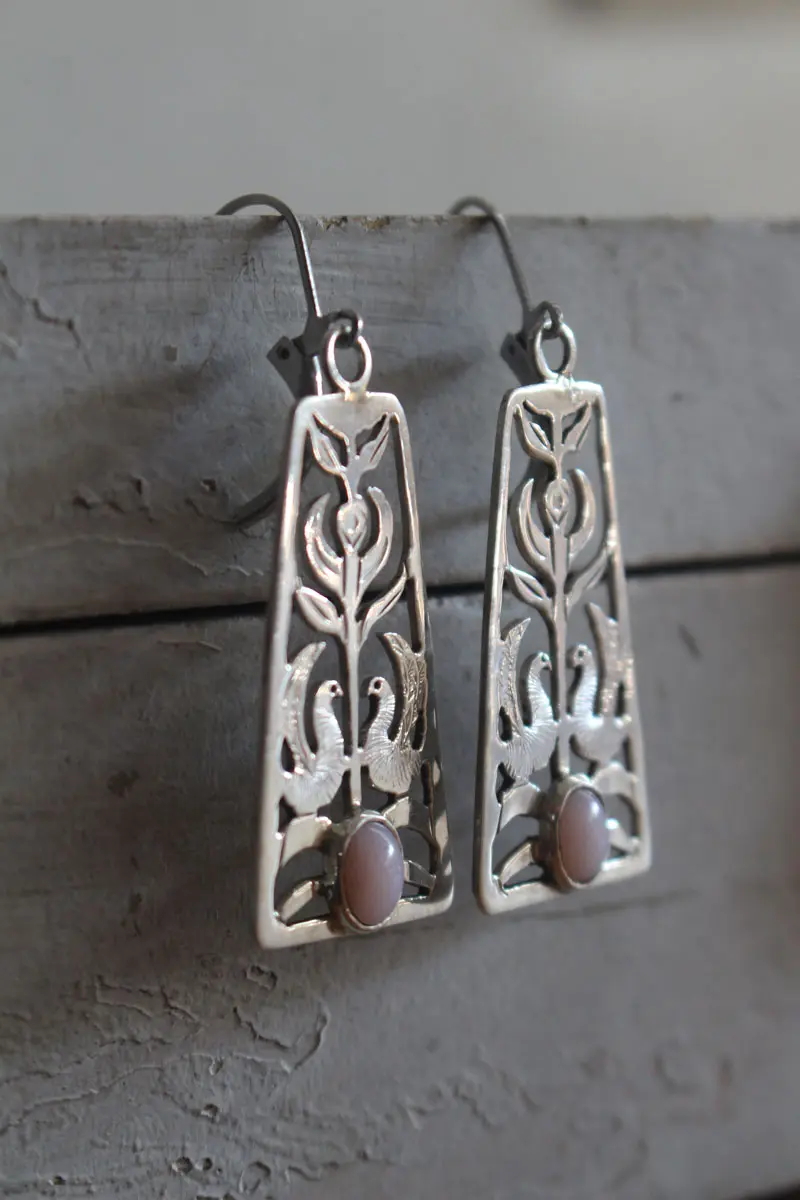 Dawn chorus, flower and bird earrings in silver and opal