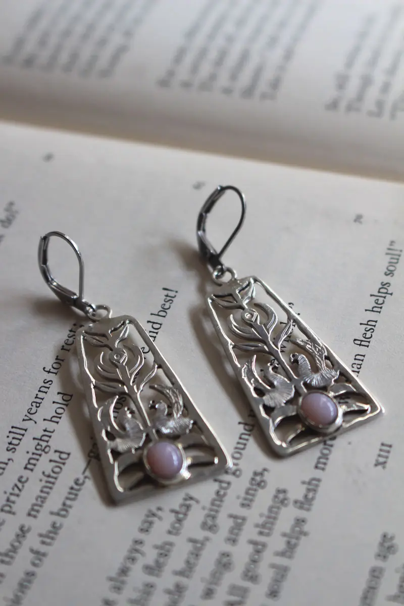 Dawn chorus, flower and bird earrings in silver and opal