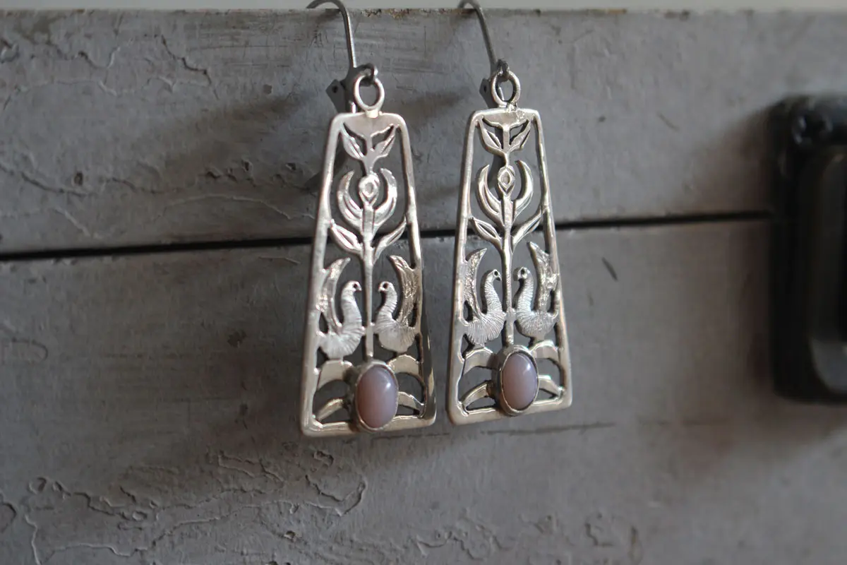 Dawn chorus, flower and bird earrings in silver and opal