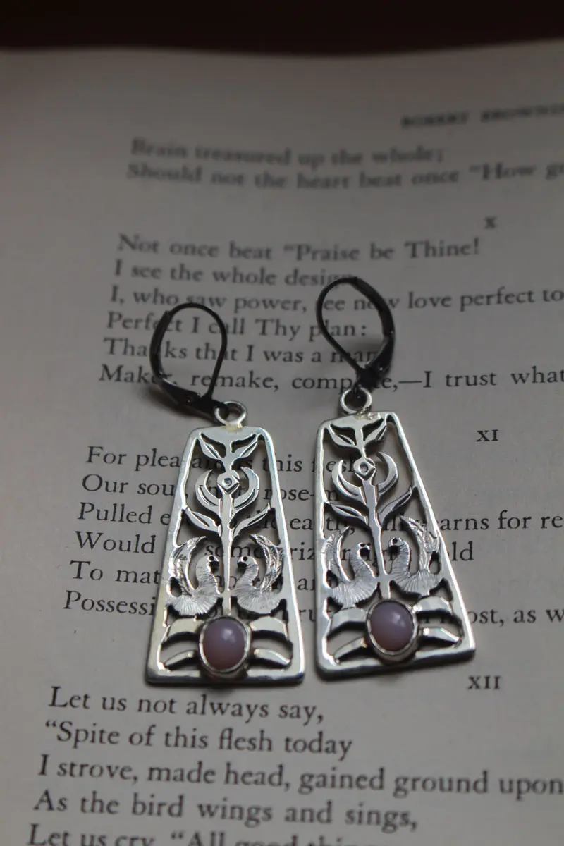 Dawn chorus, flower and bird earrings in silver and opal