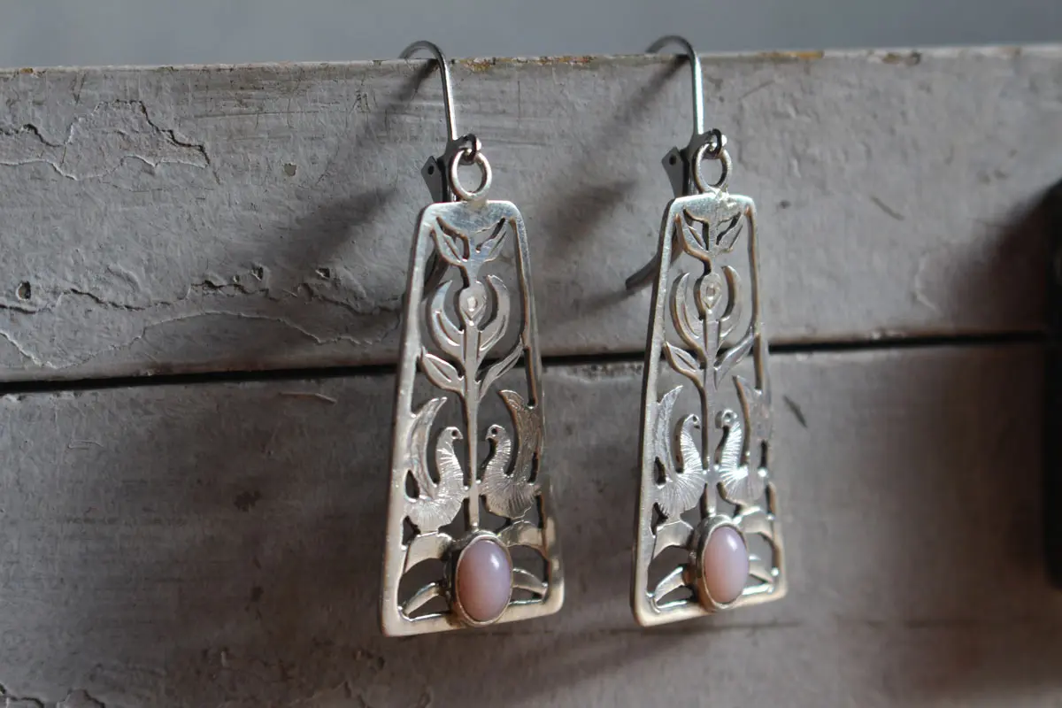 Dawn chorus, flower and bird earrings in silver and opal