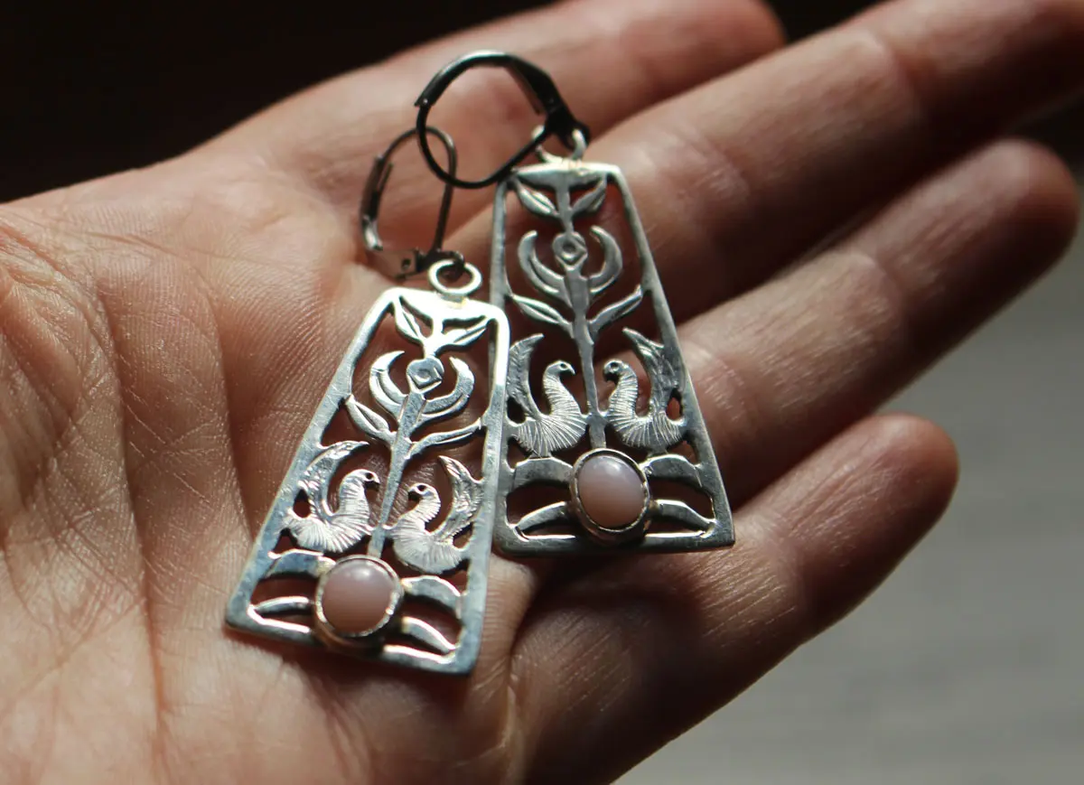 Dawn chorus, flower and bird earrings in silver and opal