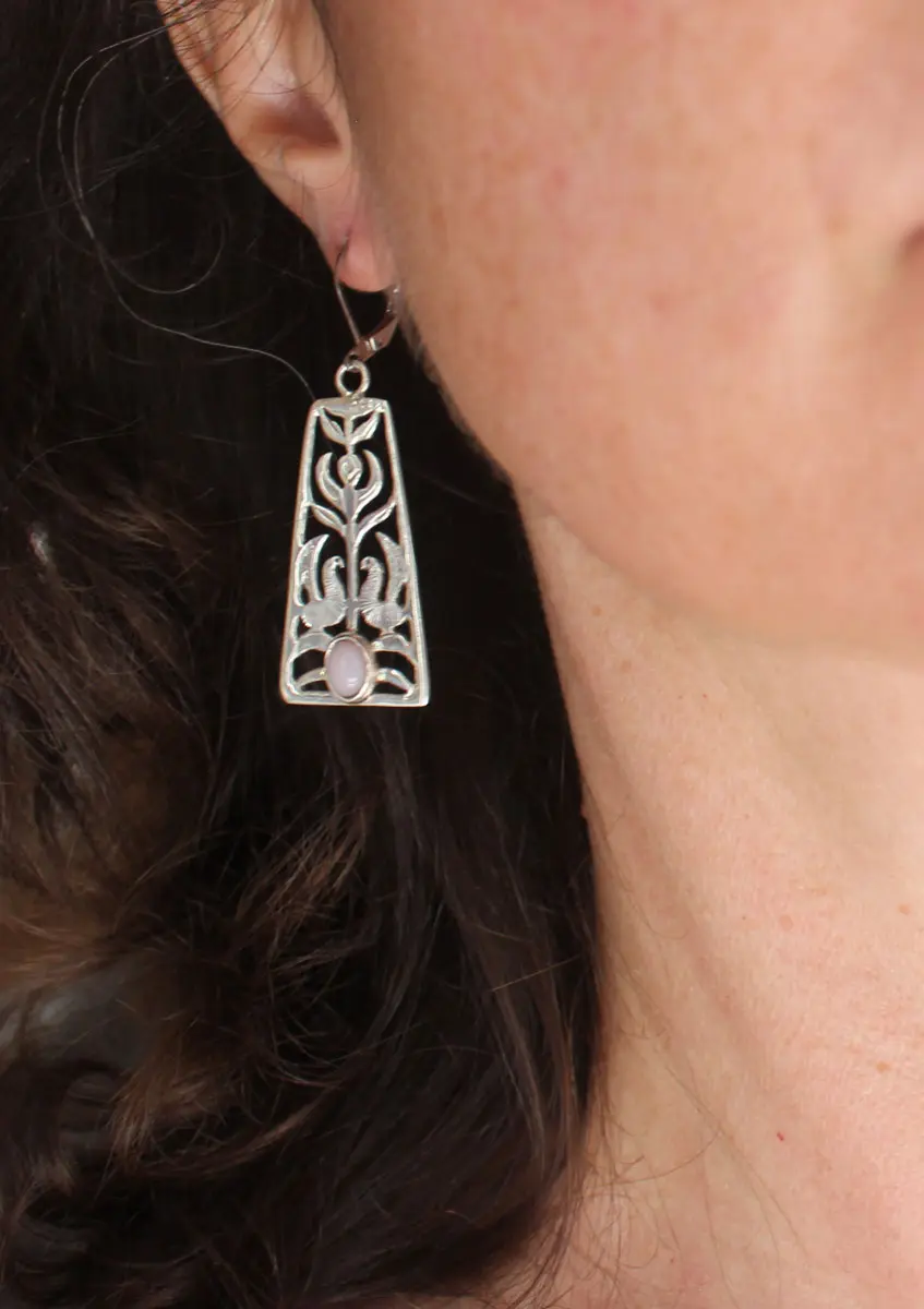 Dawn chorus, flower and bird earrings in silver and opal