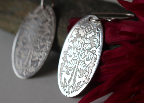 Deer in the early morning, Mexican Otomi bestiary earrings in silver