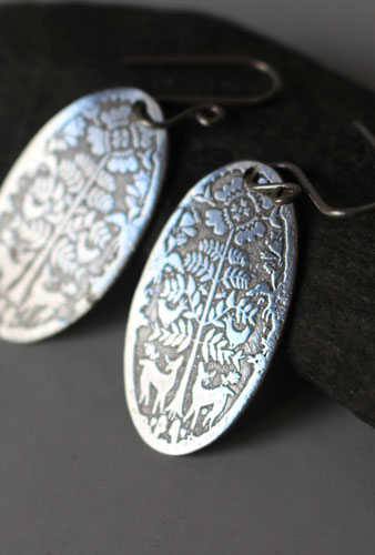 Deer in the early morning, Mexican Otomi bestiary earrings in silver