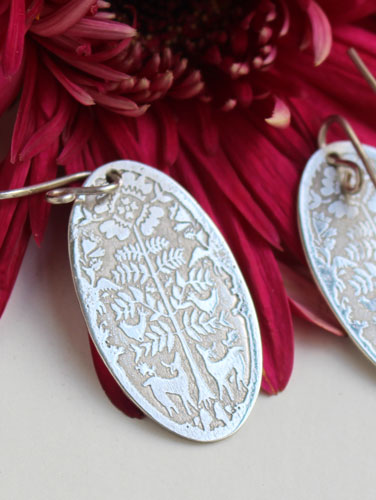 Deer in the early morning, Mexican Otomi bestiary earrings in silver