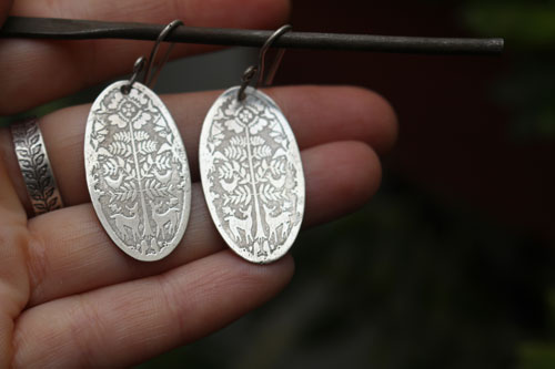 Deer in the early morning, Mexican Otomi bestiary earrings in silver