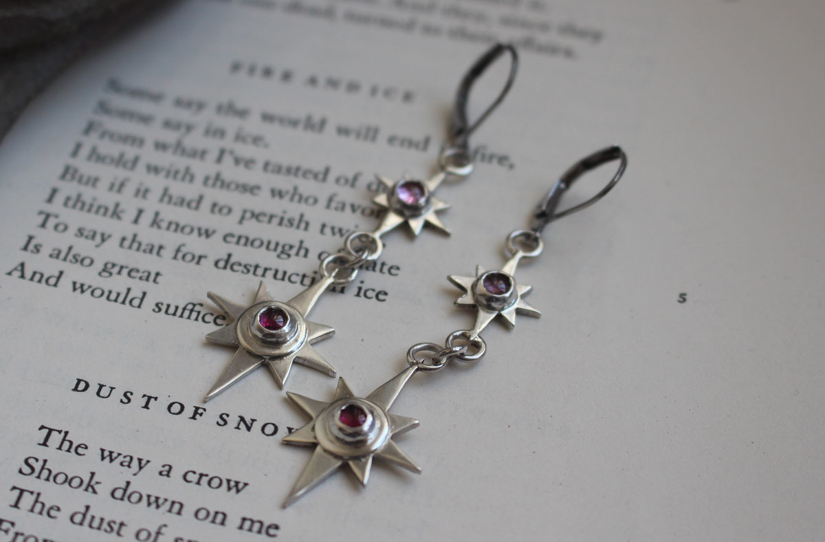 Draconis, dragon star earrings in silver and zircon