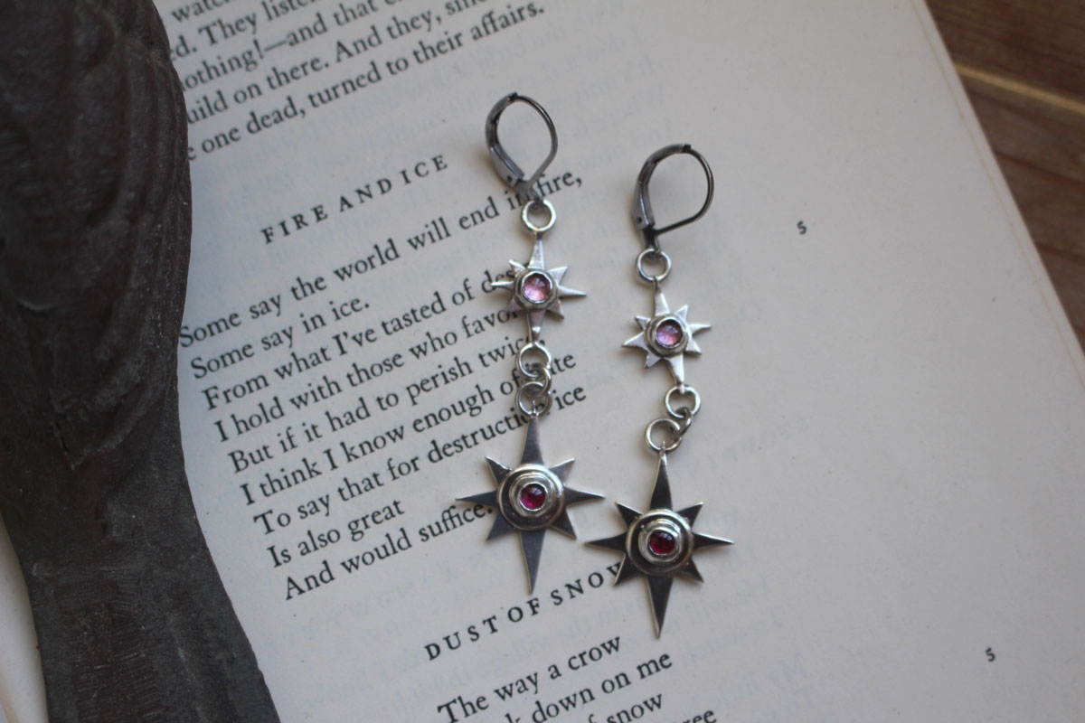 Draconis, dragon star earrings in silver and zircon