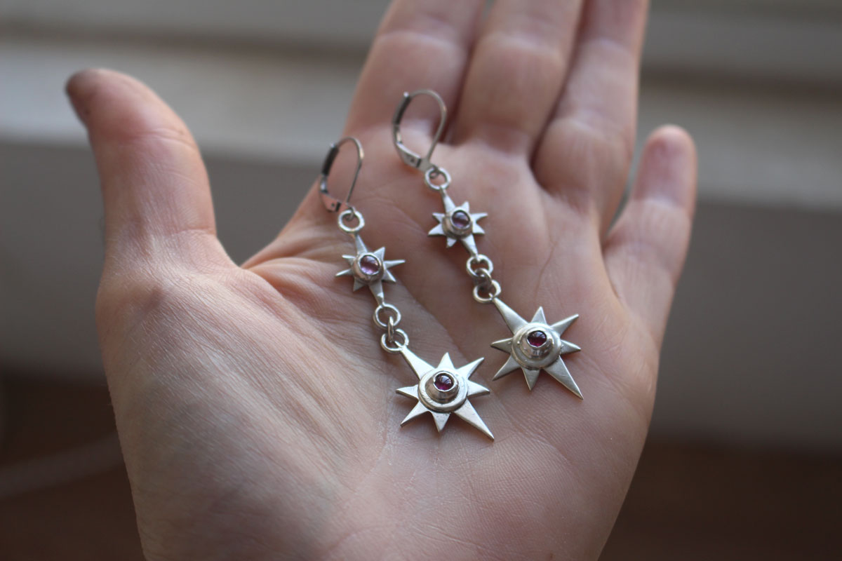 Draconis, dragon star earrings in silver and zircon
