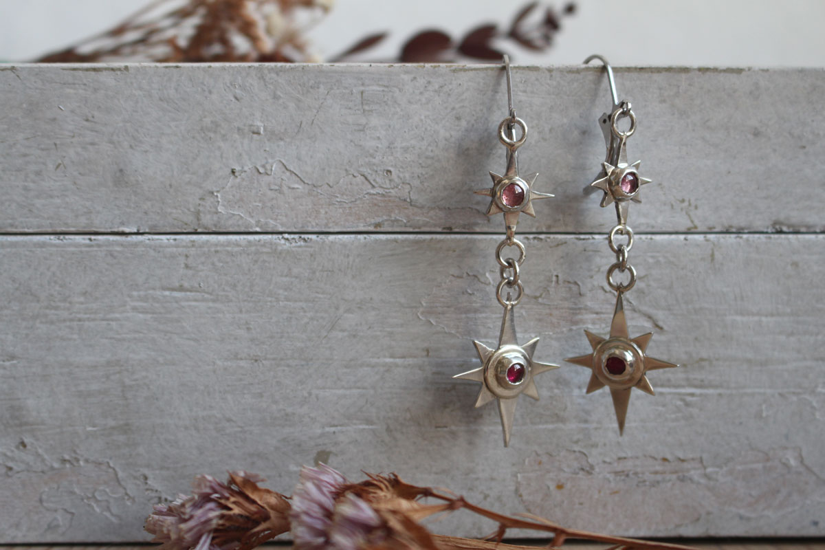 Draconis, dragon star earrings in silver and zircon