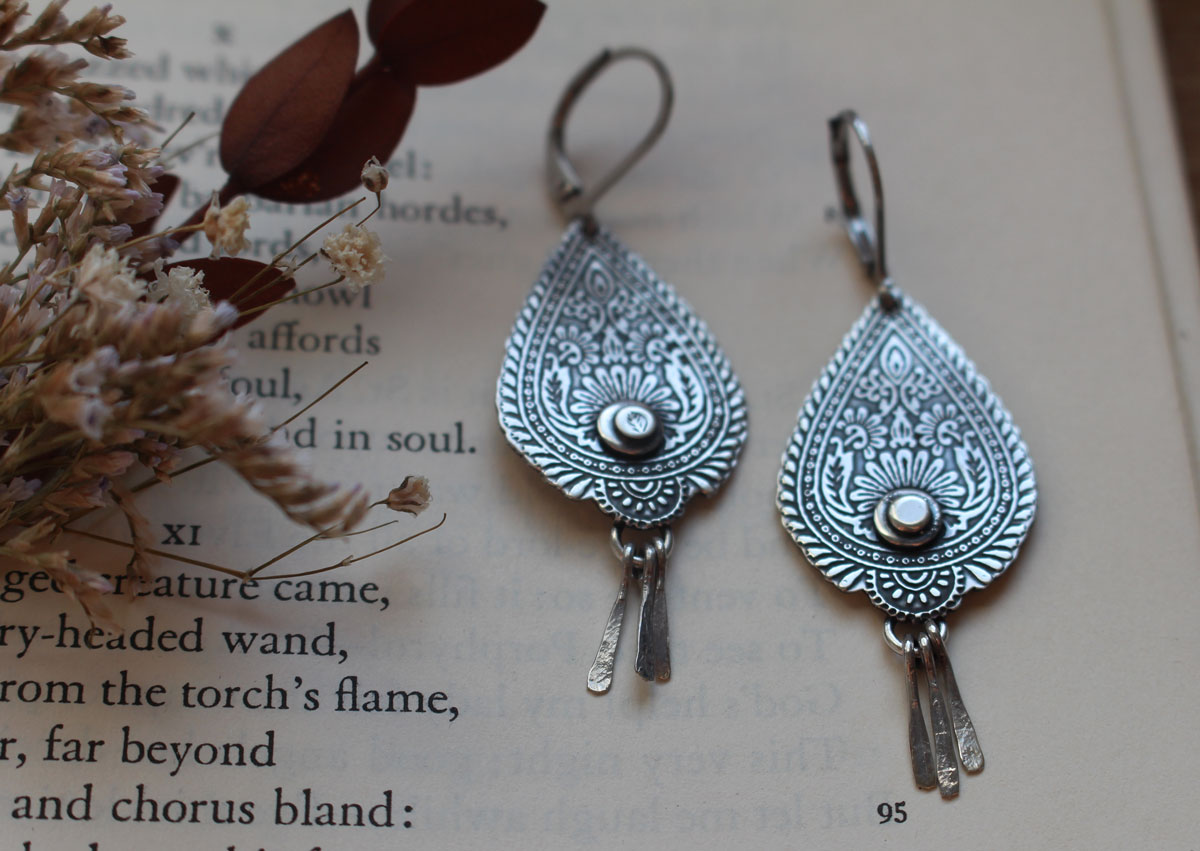 Drops of the Orient, paisley flame earrings in sterling silver