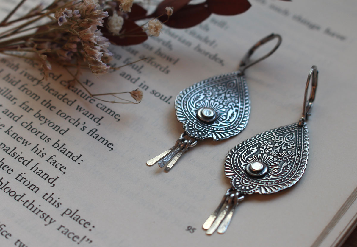 Drops of the Orient, paisley flame earrings in sterling silver