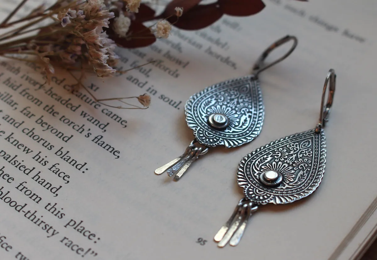 Drops of the Orient, paisley flame earrings in sterling silver