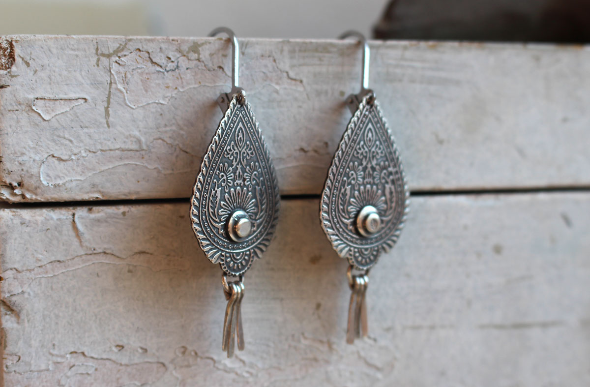 Drops of the Orient, paisley flame earrings in sterling silver