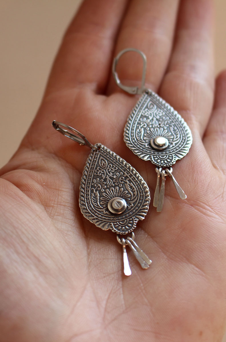 Drops of the Orient, paisley flame earrings in sterling silver