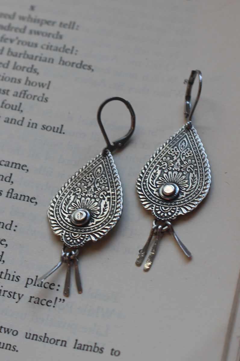Drops of the Orient, paisley flame earrings in sterling silver