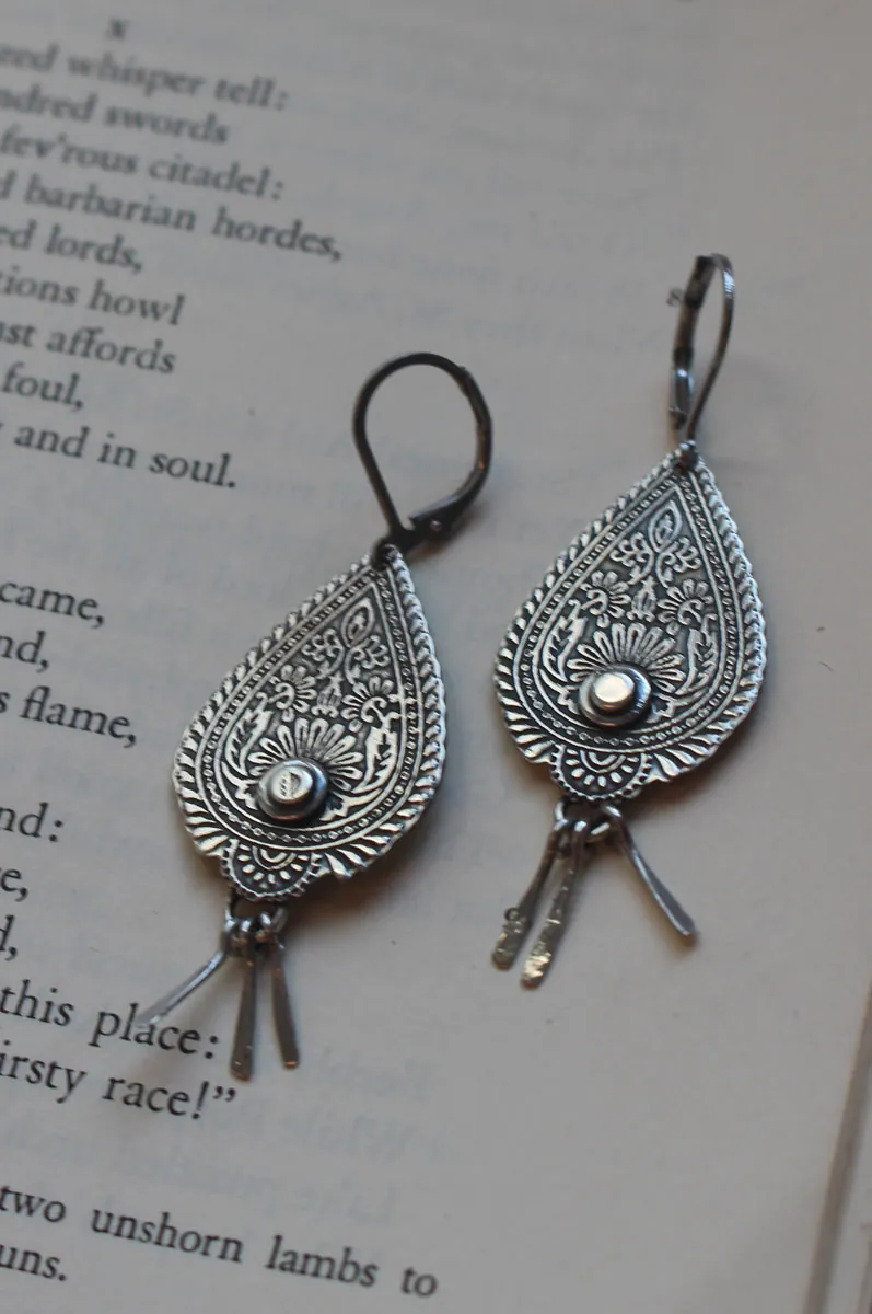 Drops of the Orient, paisley flame earrings in sterling silver