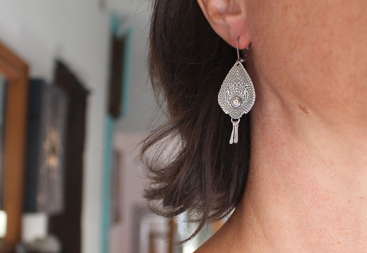 Drops of the Orient, paisley flame earrings in sterling silver