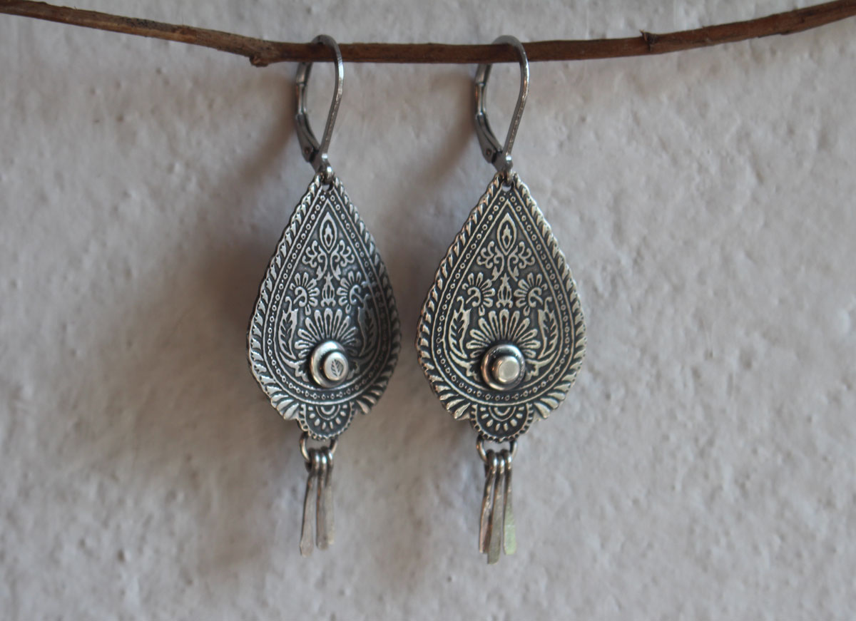 Drops of the Orient, paisley flame earrings in sterling silver