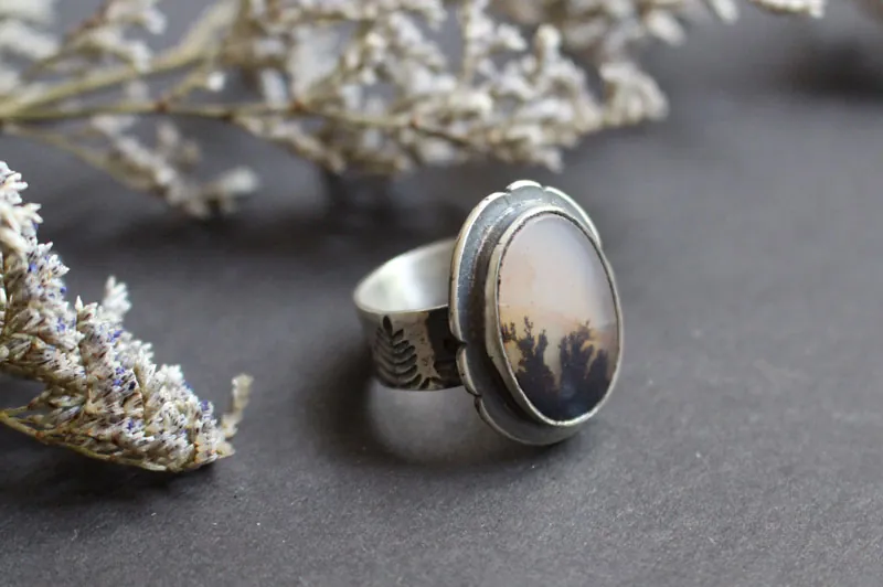 Dusk flowers, shadow landscape ring in silver and dendritic agate