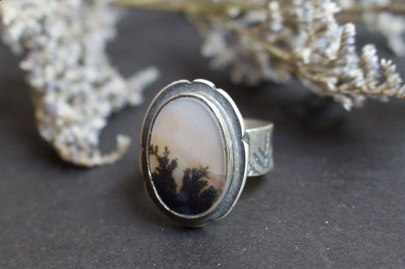 Dusk flowers, shadow landscape ring in silver and dendritic agate