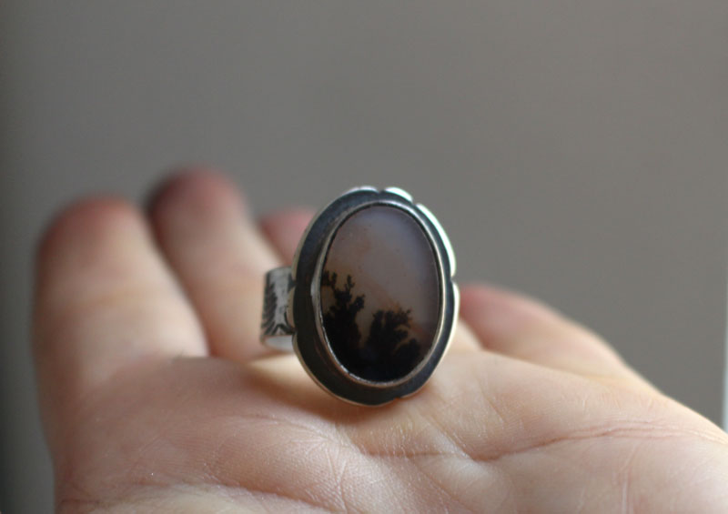 Dusk flowers, shadow landscape ring in silver and dendritic agate