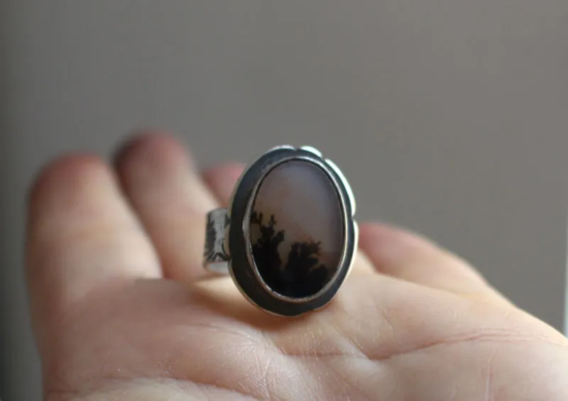 Dusk flowers, shadow landscape ring in silver and dendritic agate