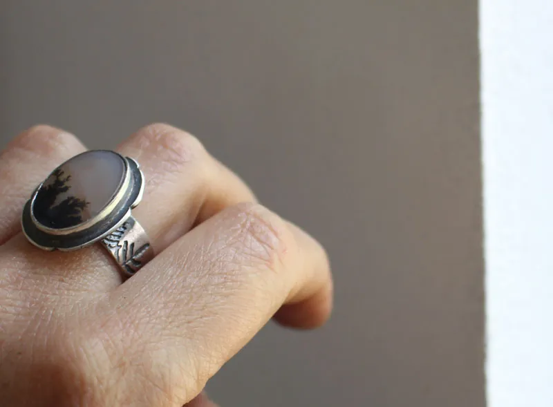 Dusk flowers, shadow landscape ring in silver and dendritic agate