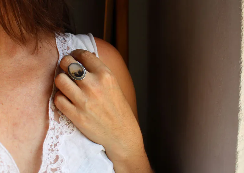 Dusk flowers, shadow landscape ring in silver and dendritic agate