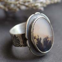 Dusk flowers, shadow landscape ring in silver and dendritic agate