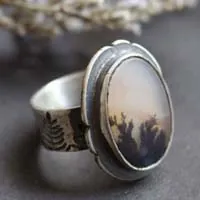 Dusk flowers, shadow landscape ring in silver and dendritic agate