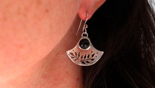 Dark flower, tribal earrings in sterling silver and onyx