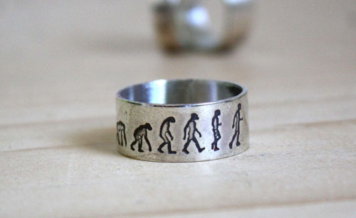 Darwin, evolution theory ring in sterling silver