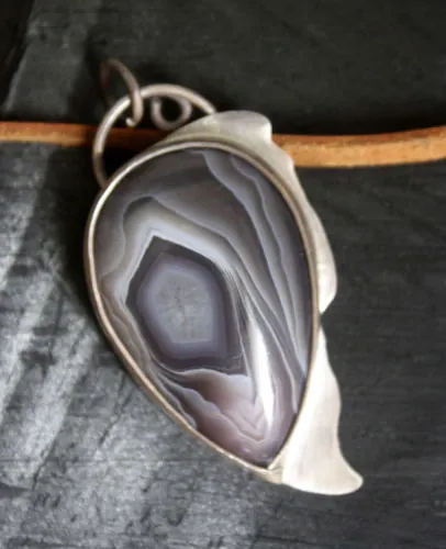 Eagle eye, raptor head pendant in silver and Botswana agate