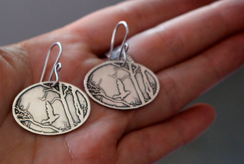 Early autumn morning, raven in the forest earrings in silver