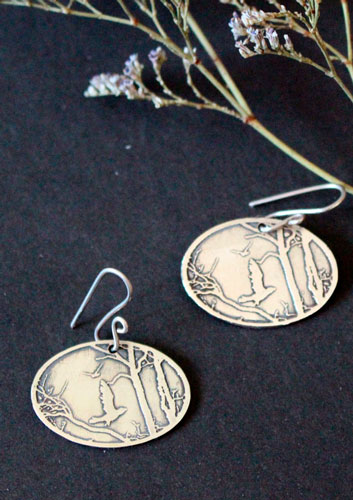 Early autumn morning, raven in the forest earrings in silver