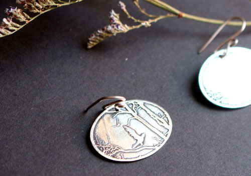 Early autumn morning, raven in the forest earrings in silver