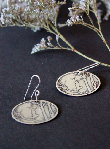 Early autumn morning, raven in the forest earrings in silver