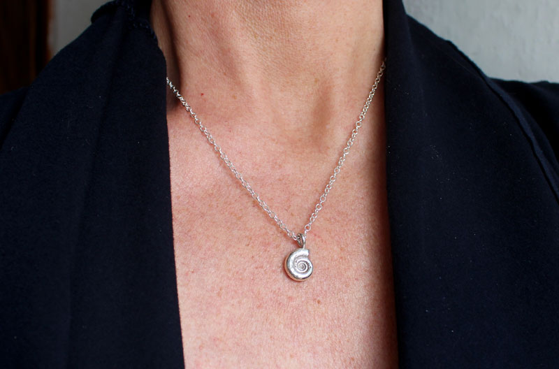 Eoderoceras ammonite, Jurassic fossil necklace in sterling silver