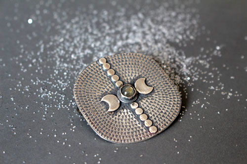 Equinox, moon and astronomy brooch in silver and labradorite