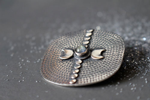 Equinox, moon and astronomy brooch in silver and labradorite