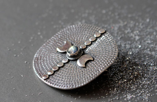 Equinox, moon and astronomy brooch in silver and labradorite
