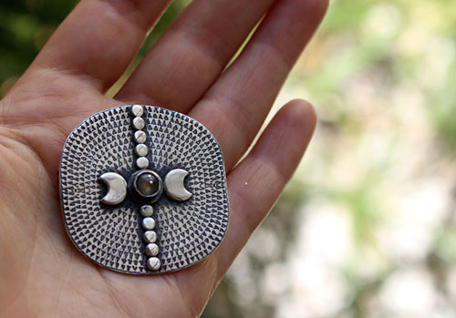 Equinox, moon and astronomy brooch in silver and labradorite