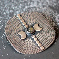 Equinox, moon and astronomy brooch in silver and labradorite