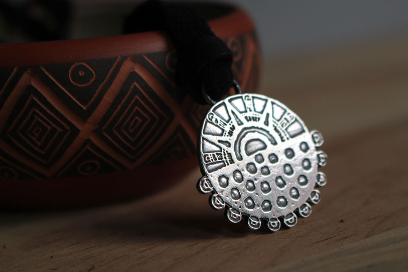 Eclipse, Aztec sun and starry night necklace in sterling silver